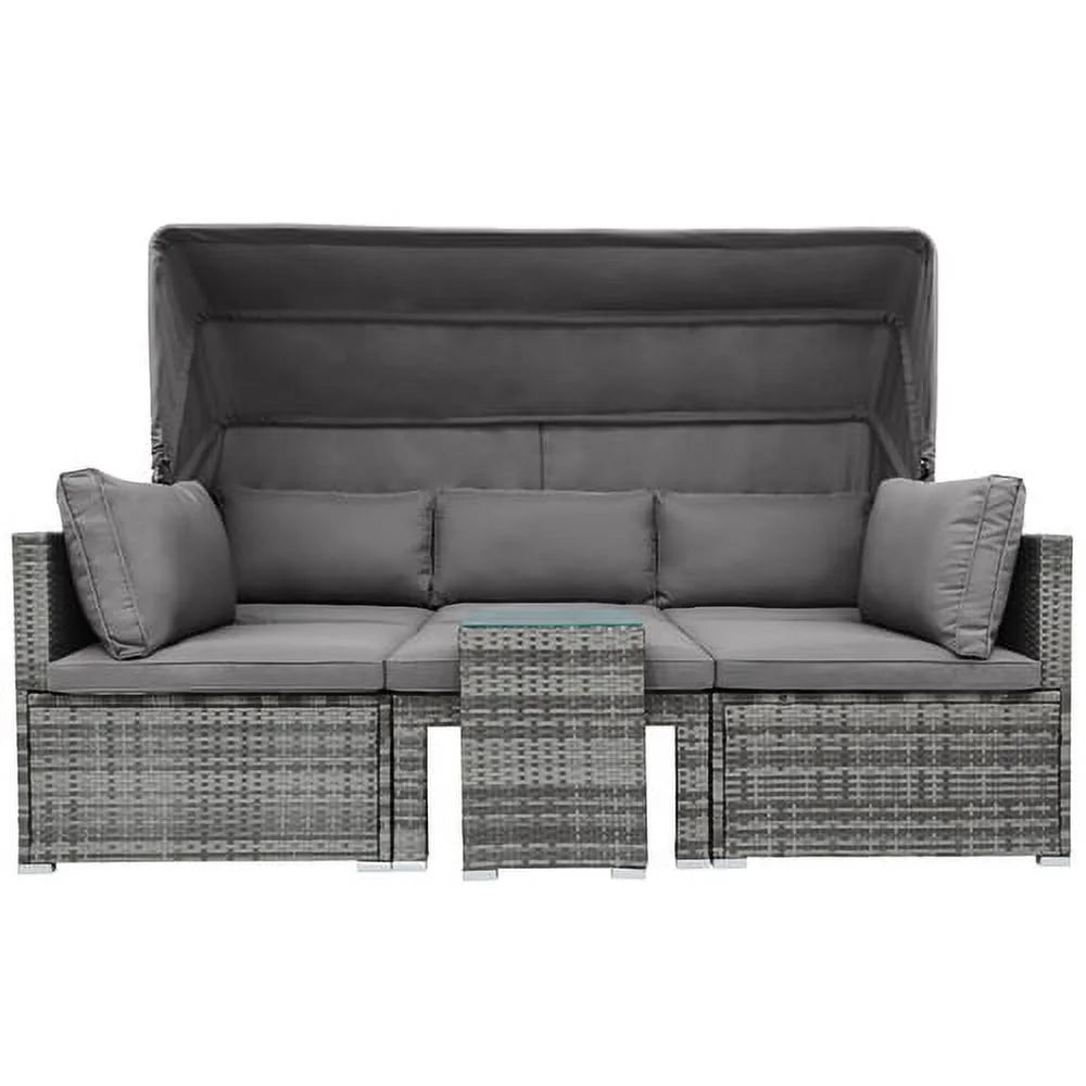 5 Pieces Wicker Patio Conversation Set with Canopy and Glass Side Table Y45036