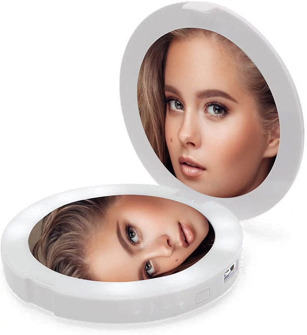 Rechargeable Lighted Round Travel Mirror with 5X Magnifying Glass V9406