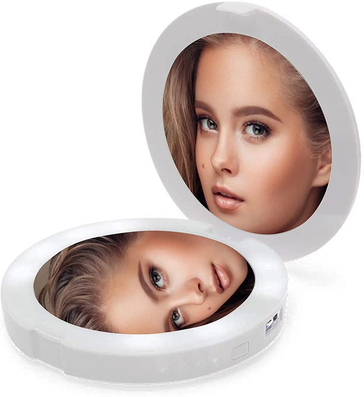 Rechargeable Lighted Round Travel Mirror with 5X Magnifying Glass V9406