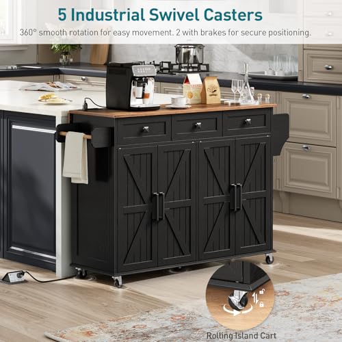White and Walnut Kitchen Island with Drop Leaf, Charging Station, 3 Drawers and Storage C384
