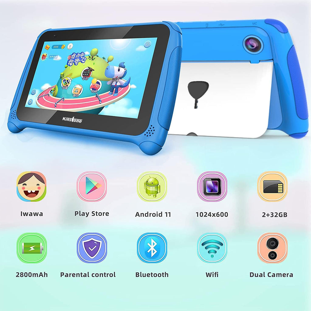 7 inch Kids Tablet Android 11 Quad Core 2GB RAM 32GB ROM Dual Camera WiFi Bluetooth Blue Pack of 2 O735756