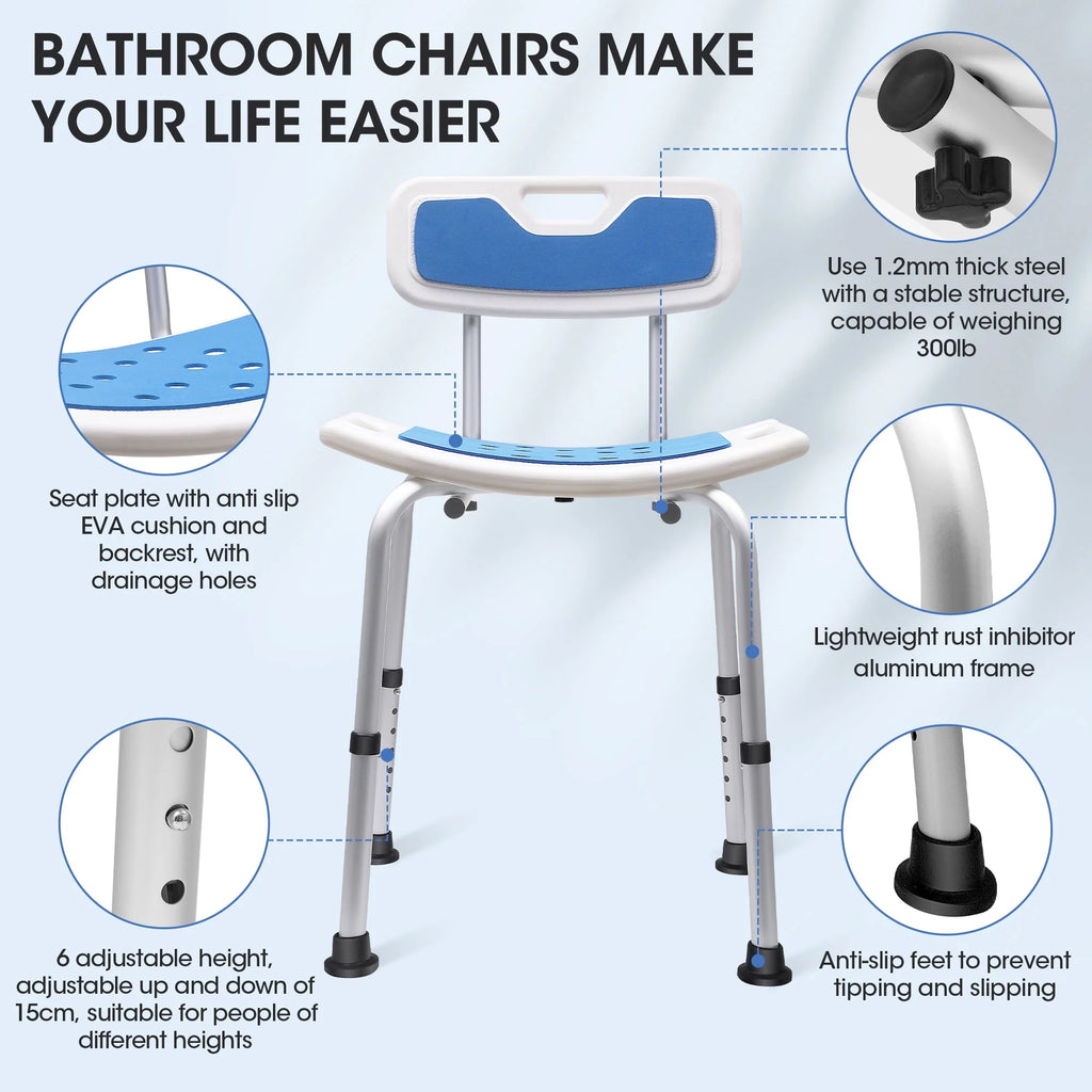 Bath and Shower Chair with Back and Padded Armrests, Height Adjustable E286