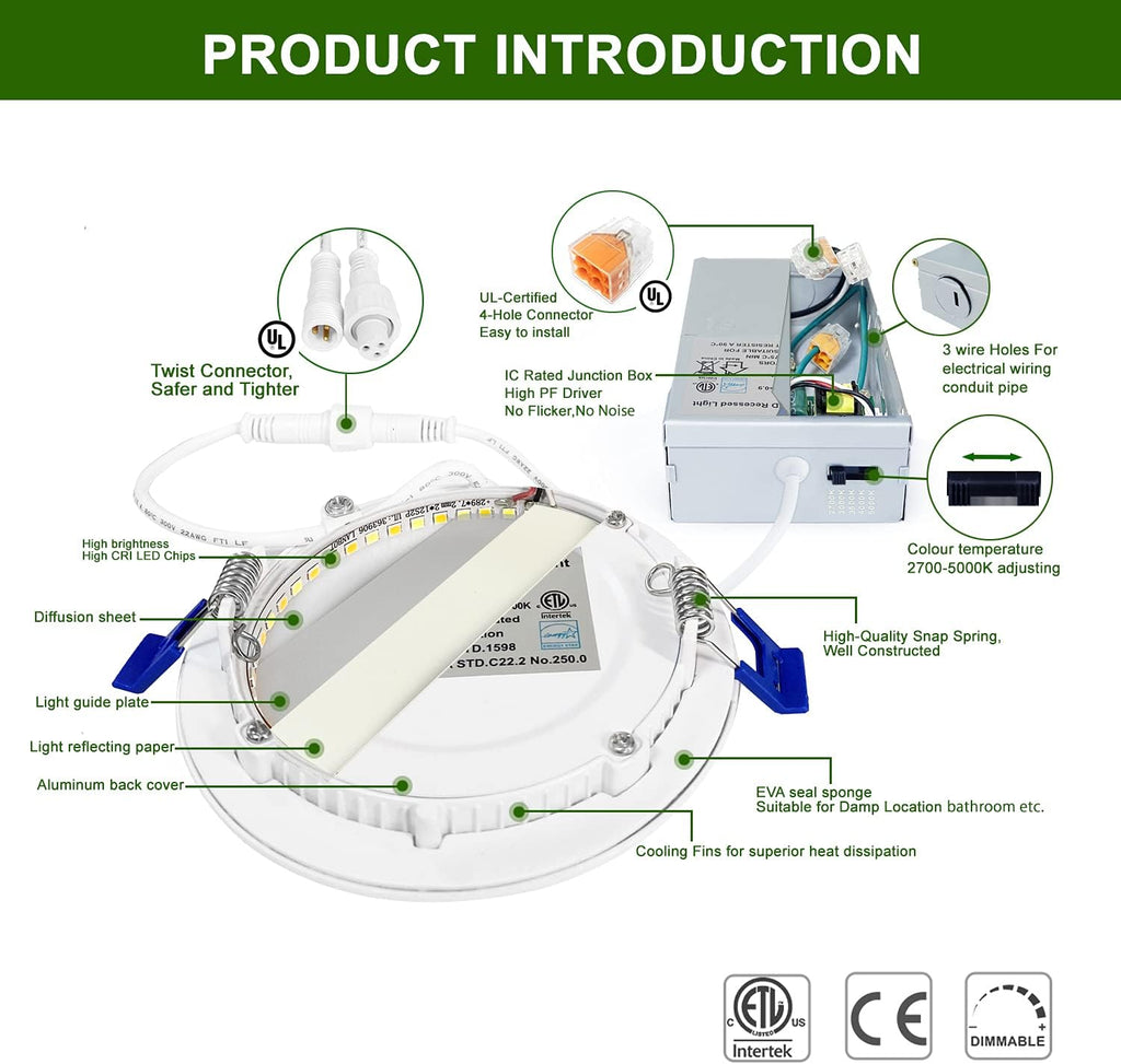 12 Pack 4 Inch 5CCT Ultra-Thin LED Recessed Ceiling Light with Junction Box, 9.5W 80W Eqv, Dimmable S844