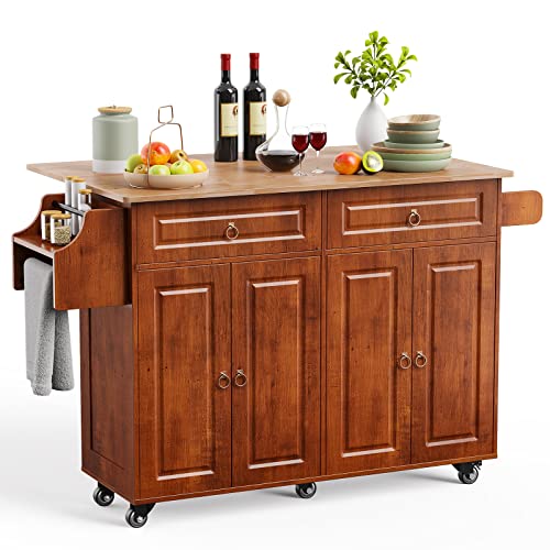 Brown Kitchen Island with Drop Leaf Storage on Wheels C705738
