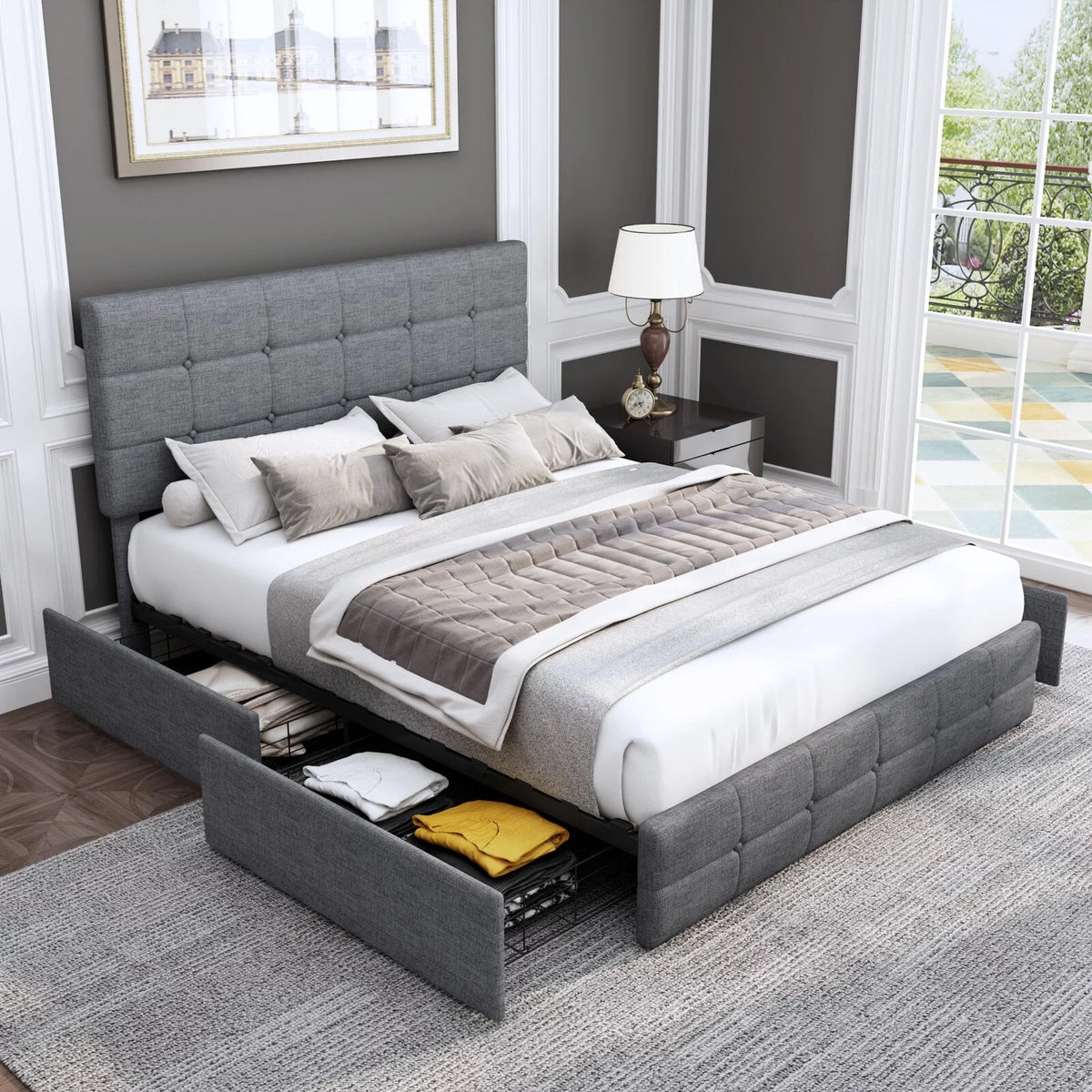 Queen Size Light Grey Upholstered Platform Bed with 4 Storage Drawers H18686