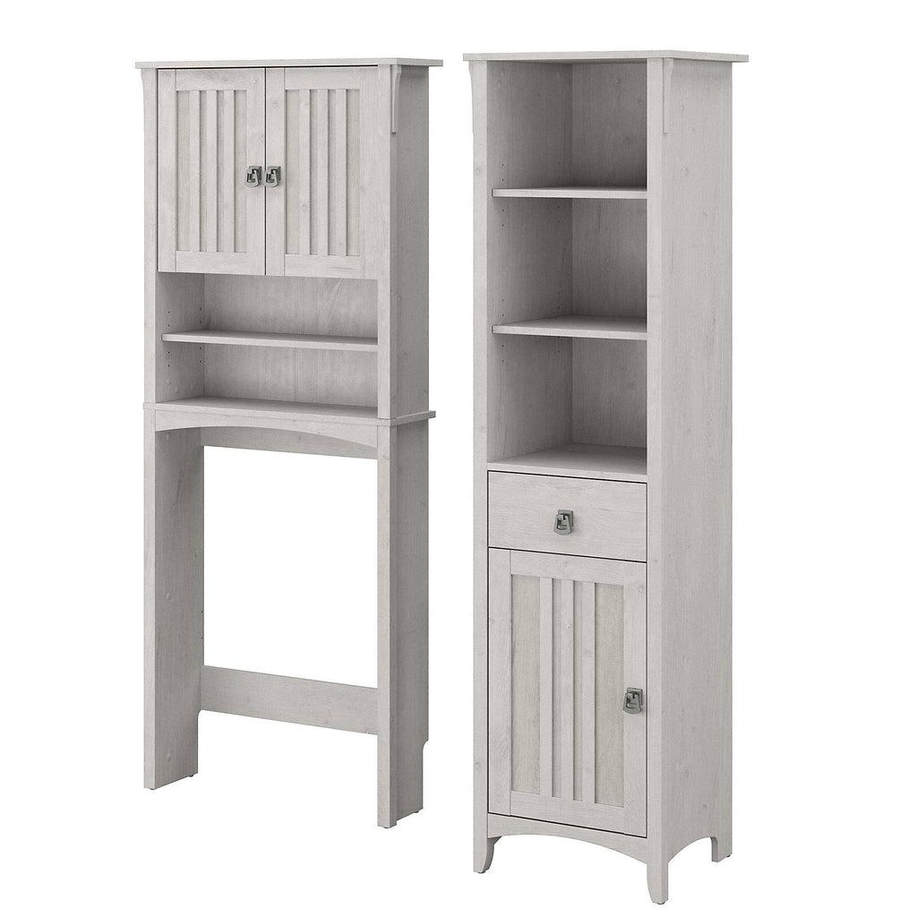 Linen White Oak Tall Cabinet and Over The Toilet Storage Cabinet H534