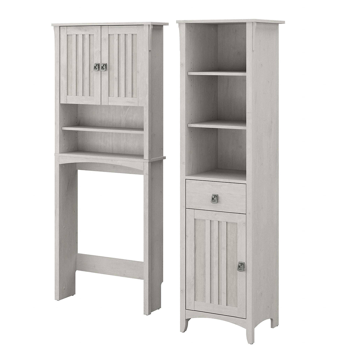 Linen White Oak Tall Cabinet and Over The Toilet Storage Cabinet H534