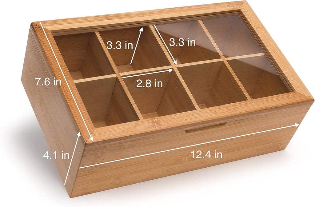 100% Bamboo Tea Box Storage Organizer, 8 Adjustable Compartments, Natural Wooden Finish I123