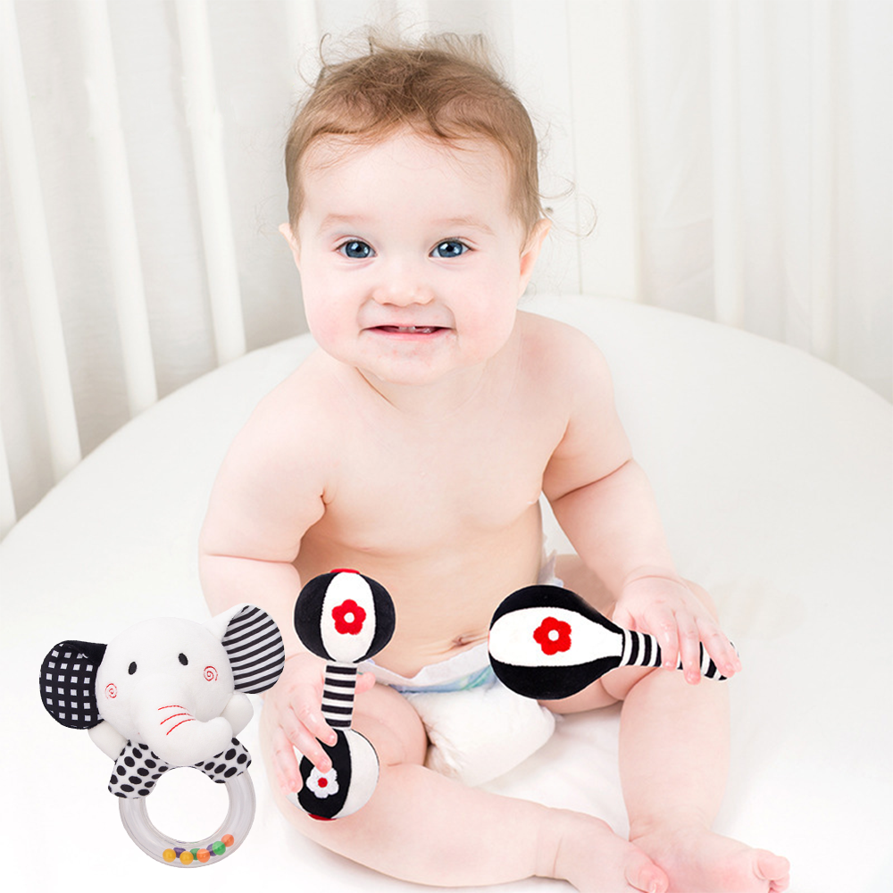 3Pcs Black & White Baby Rattles Set Plush Rattle Toy N961320