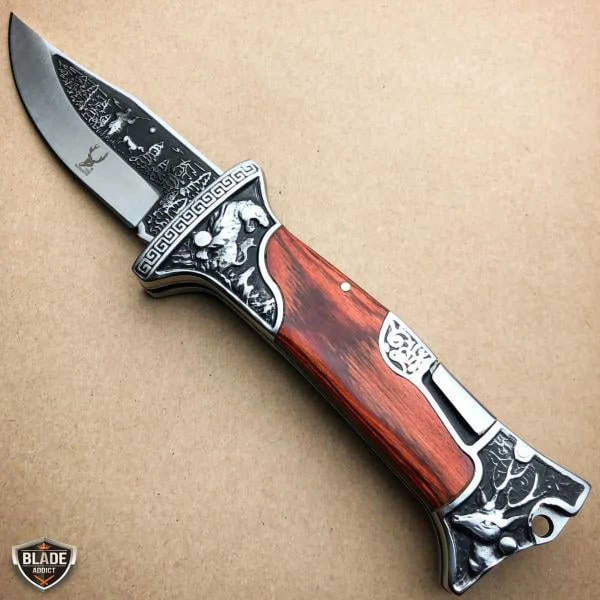 Brown Wood Handle Engraved Blade Lockback Folding Pocket Knife L59661