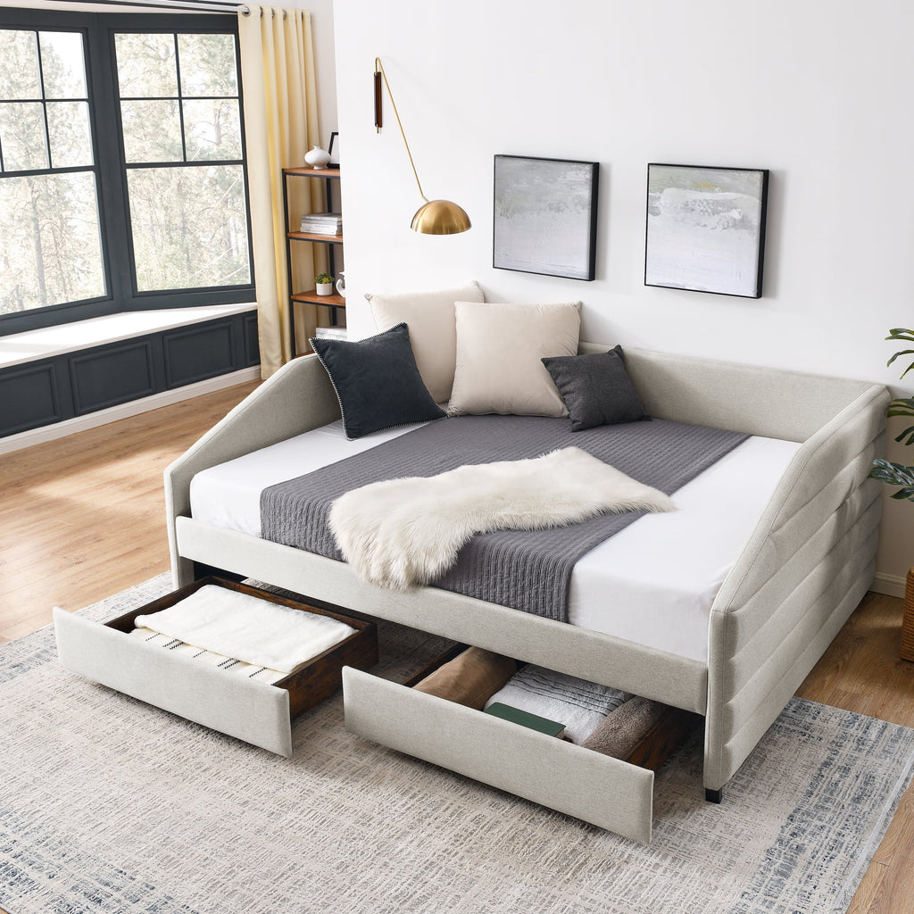 Queen Size Beige Linen Upholstered Daybed with Trundle B8308