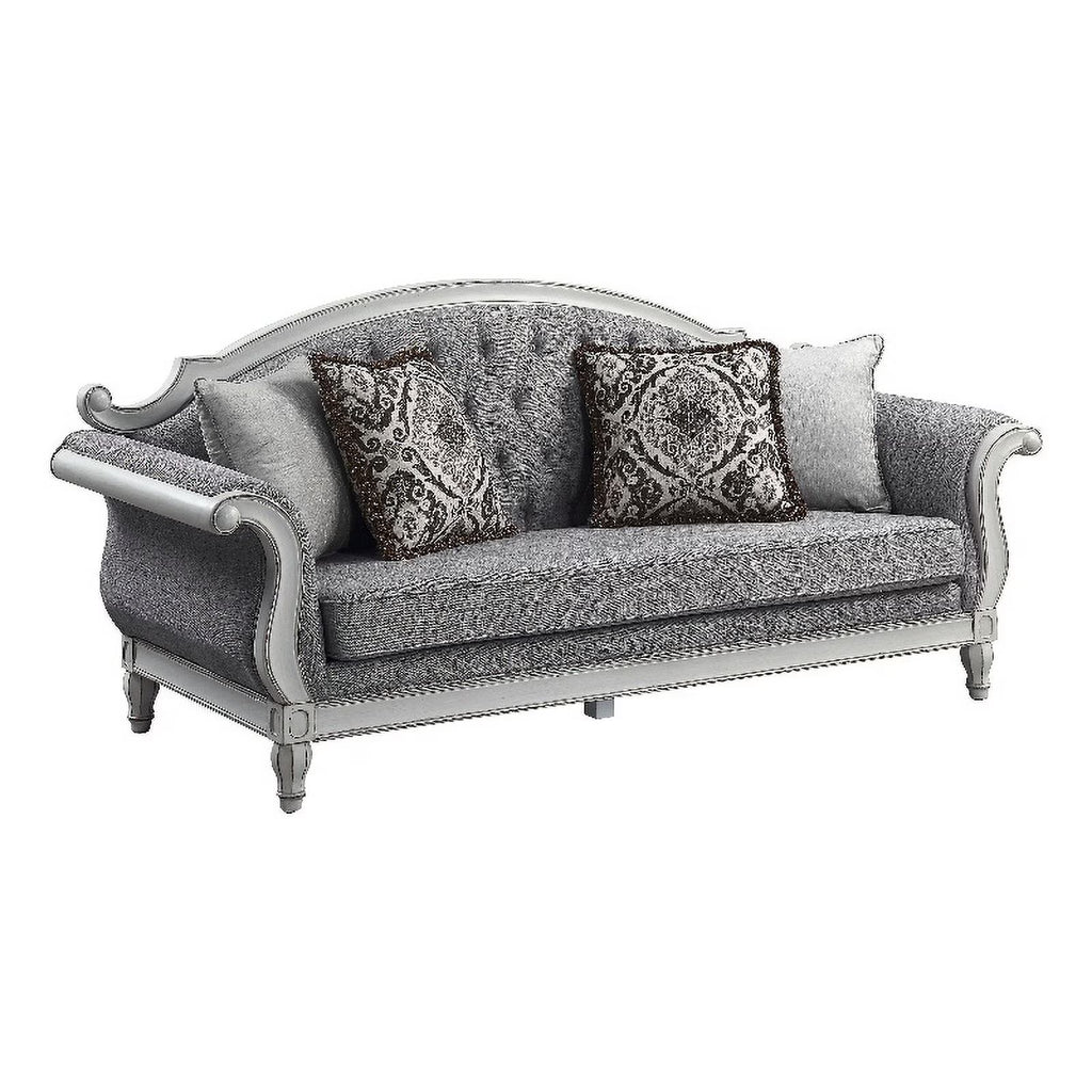 Tufted Fabric Sofa with 4 Pillows in Gray/Antique White T761176