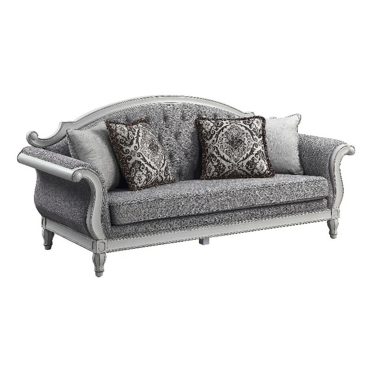 Tufted Fabric Sofa with 4 Pillows in Gray/Antique White T761176