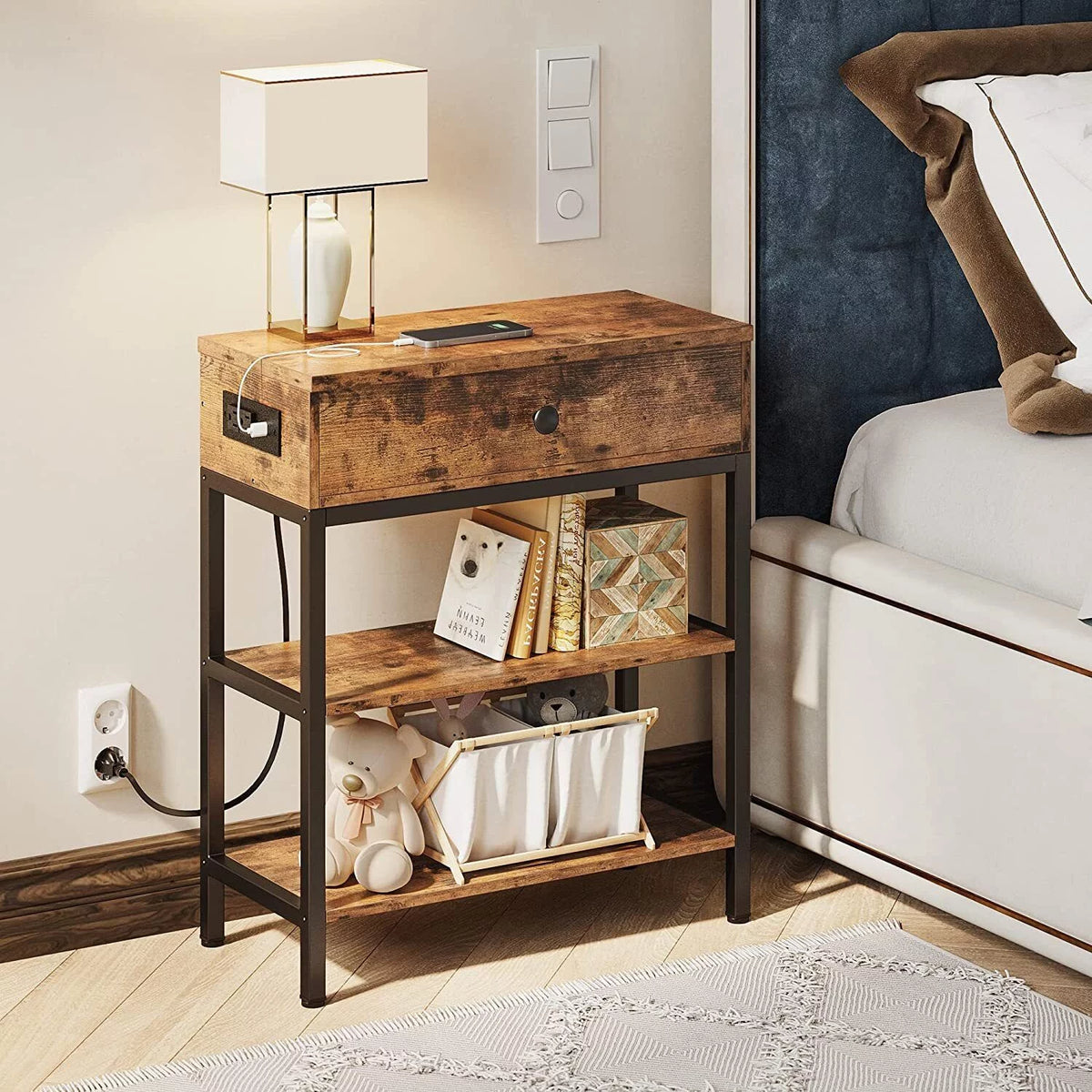 3-Tier Sofa End Table with Drawer USB Ports Y8965