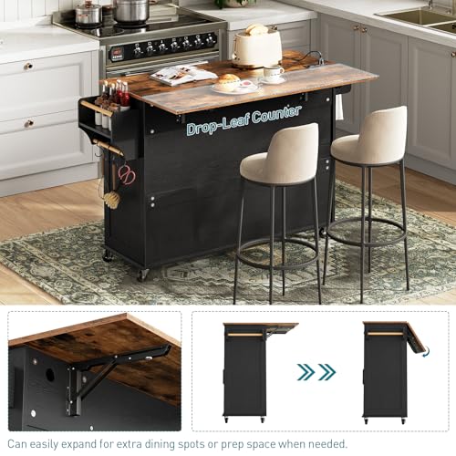White and Walnut Kitchen Island with Drop Leaf, Charging Station, 3 Drawers and Storage C384