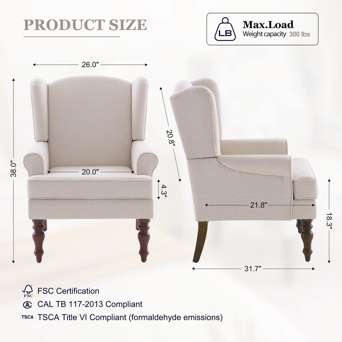Tan Twill Upholstered Wingback Accent Chair with Solid Wood Legs M86302
