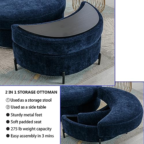 Oversized Swivel Accent Barrel Chair with Storage Ottoman and 4 Pillow, Terracotta Chenille H591