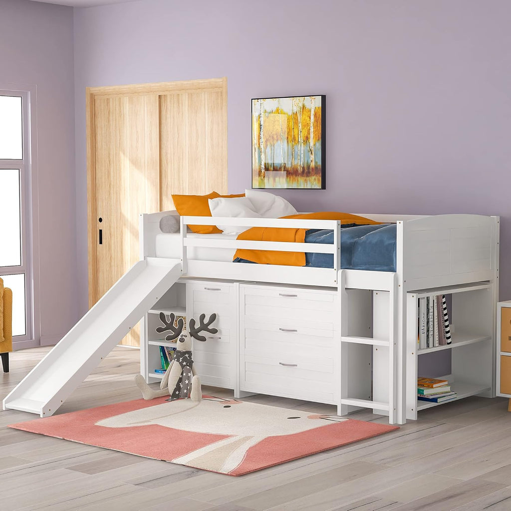 Twin Loft Bed with Slide, Ladder and Guardrail T72812
