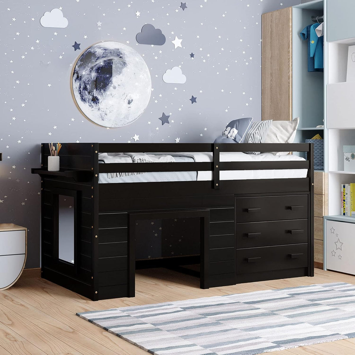 Twin Loft Bed with Slide, Ladder and Guardrail T72812