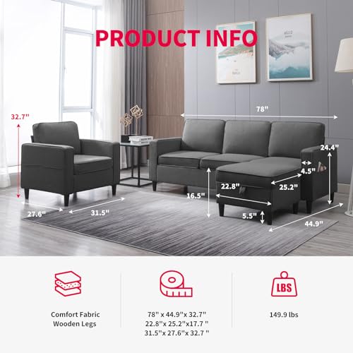 3PCS Linen Upholstered Sofa Set with Side Pockets & Storage Ottoman (Dark Grey) J253
