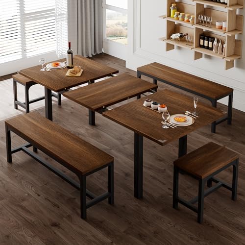 5-Piece Extendable Wooden Dining Table Set with 2 Benches and 2 Stools G6513