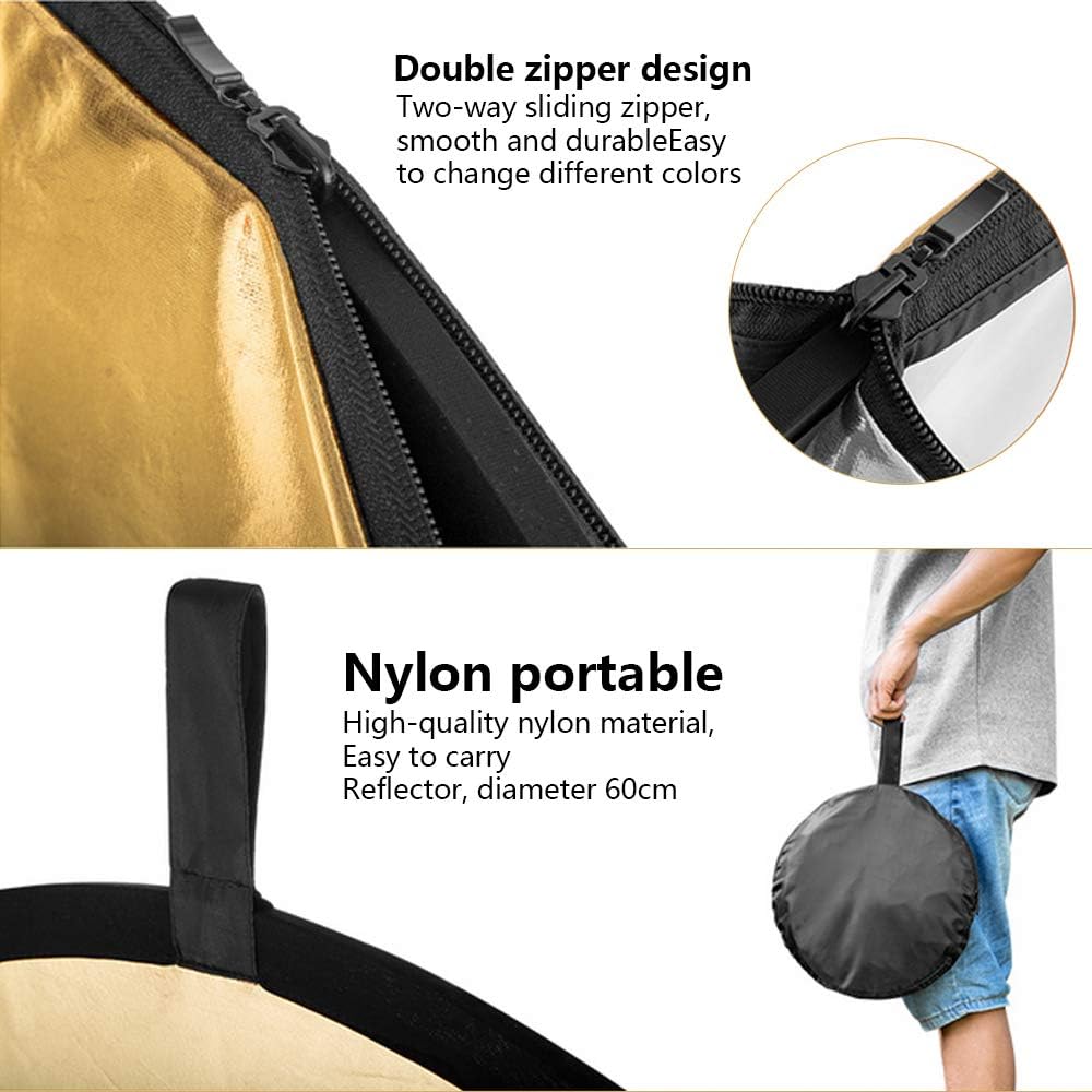 5 in 1 Collapsible Reflector Set with 2 Handles and Carrying Bag Gold Silver White Black Transparent (23.6in) J317368