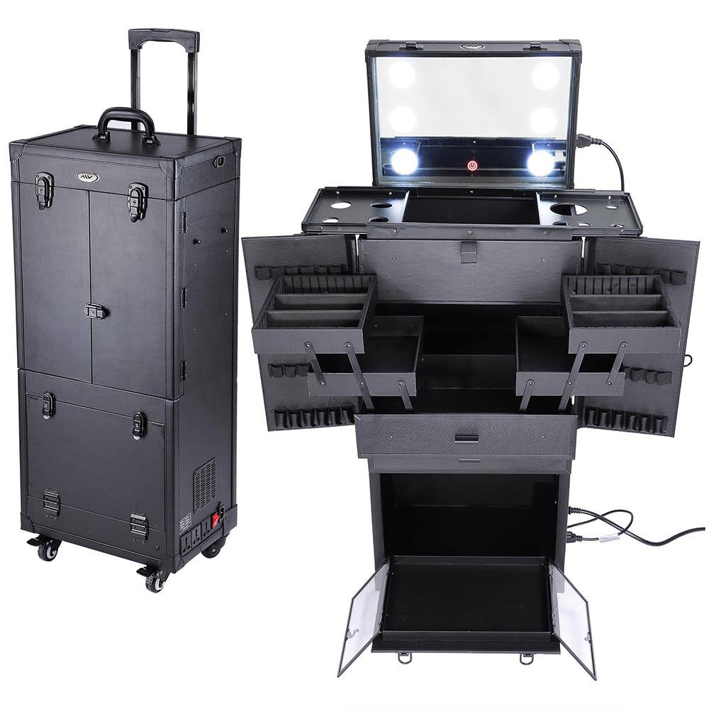 Black Rolling Makeup Case Lighted Lockable V88552