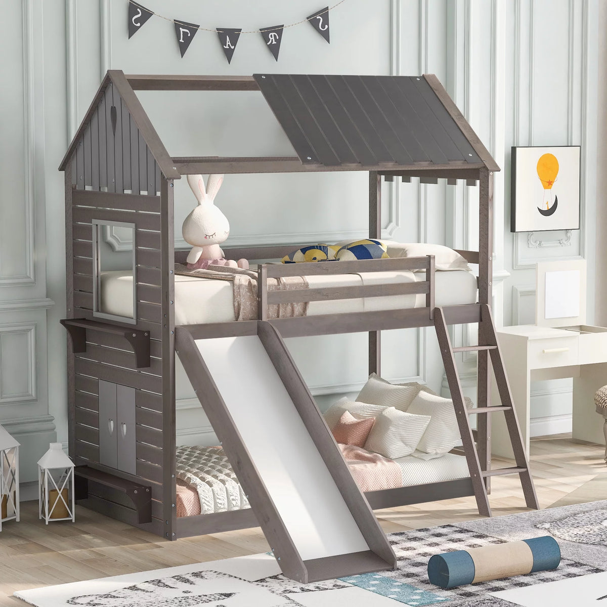 Twin Over Twin Size Wood House Bed with Slide and Safety Ladder E8798