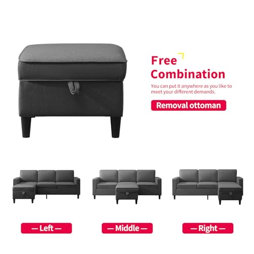 3PCS Linen Upholstered Sofa Set with Side Pockets & Storage Ottoman (Dark Grey) J253