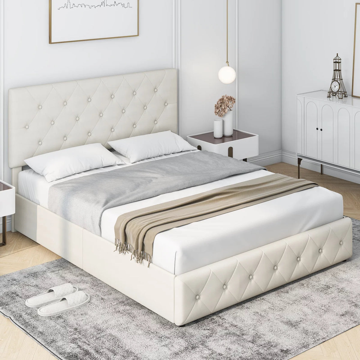 Queen Size Light Grey Upholstered Platform Bed with 4 Storage Drawers H18686