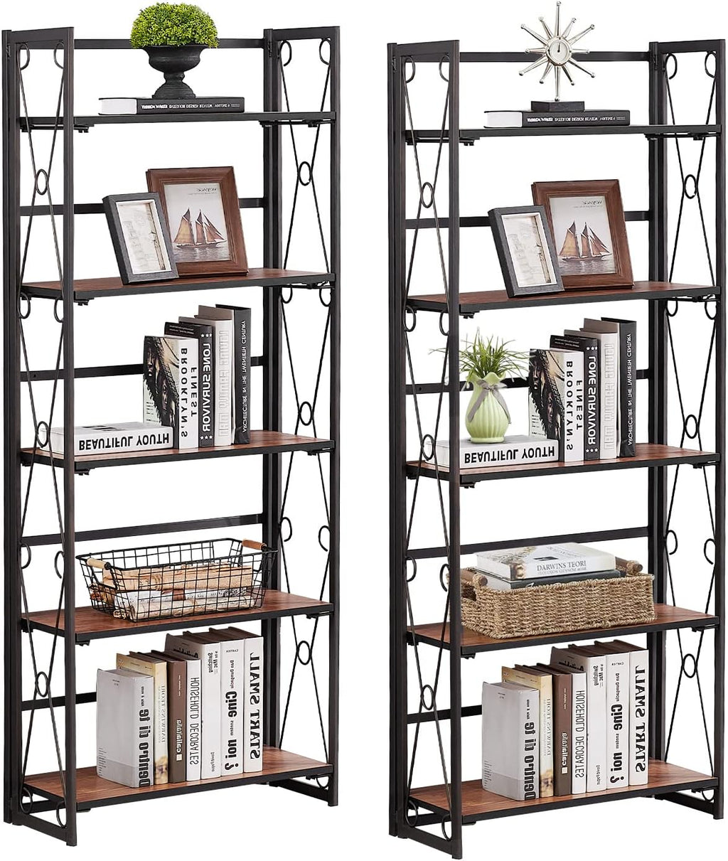 5 Shelf Folding Metal Bookshelf, Set of 2, Dark Brown I2712