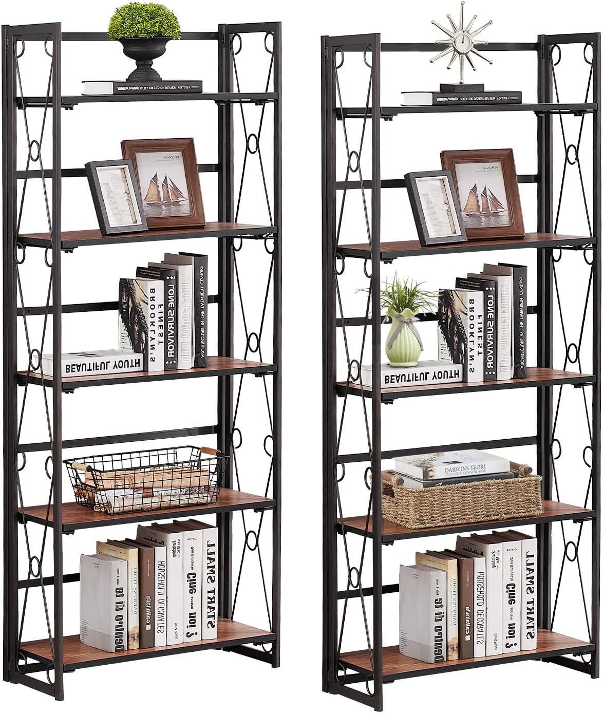 5 Shelf Folding Metal Bookshelf, Set of 2, Dark Brown I2712