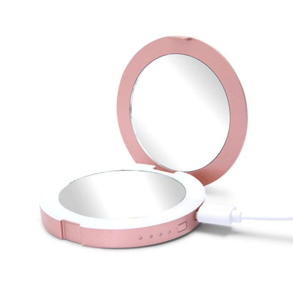 Rechargeable Lighted Round Travel Mirror with 5X Magnifying Glass V9406