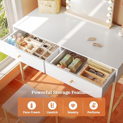 White and Gold Desk with 2 Drawers Y179748
