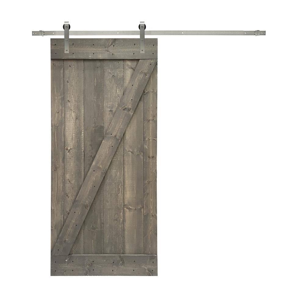 24 in. x 84 in. Weather Gray Stained Solid Knotty Pine Wood Interior Sliding Barn Door with Sliding Hardware Kit X166