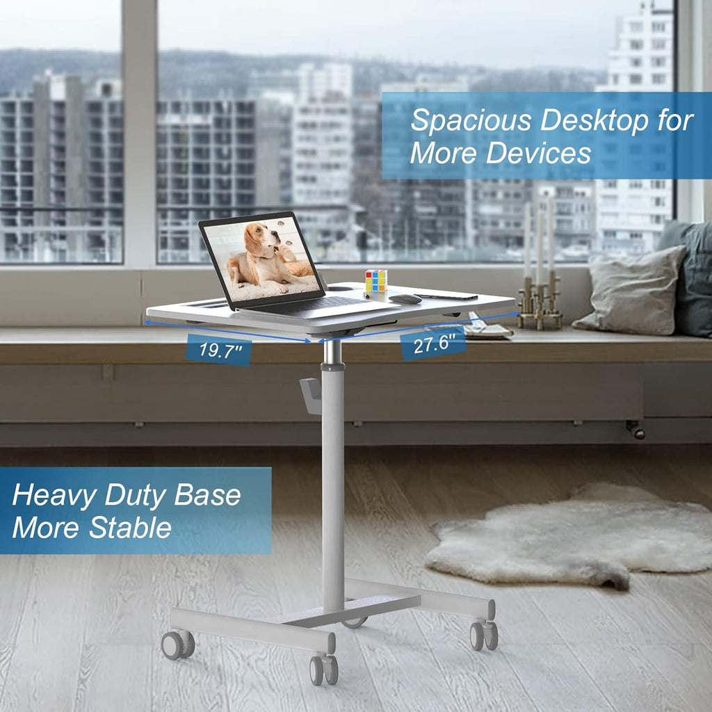 28 inch Pneumatic Sit to Stand Height Adjustable Mobile Laptop Desk with Lockable Wheels, White X428330