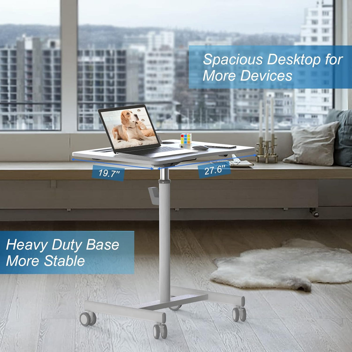 28 inch Pneumatic Sit to Stand Height Adjustable Mobile Laptop Desk with Lockable Wheels, White X428330