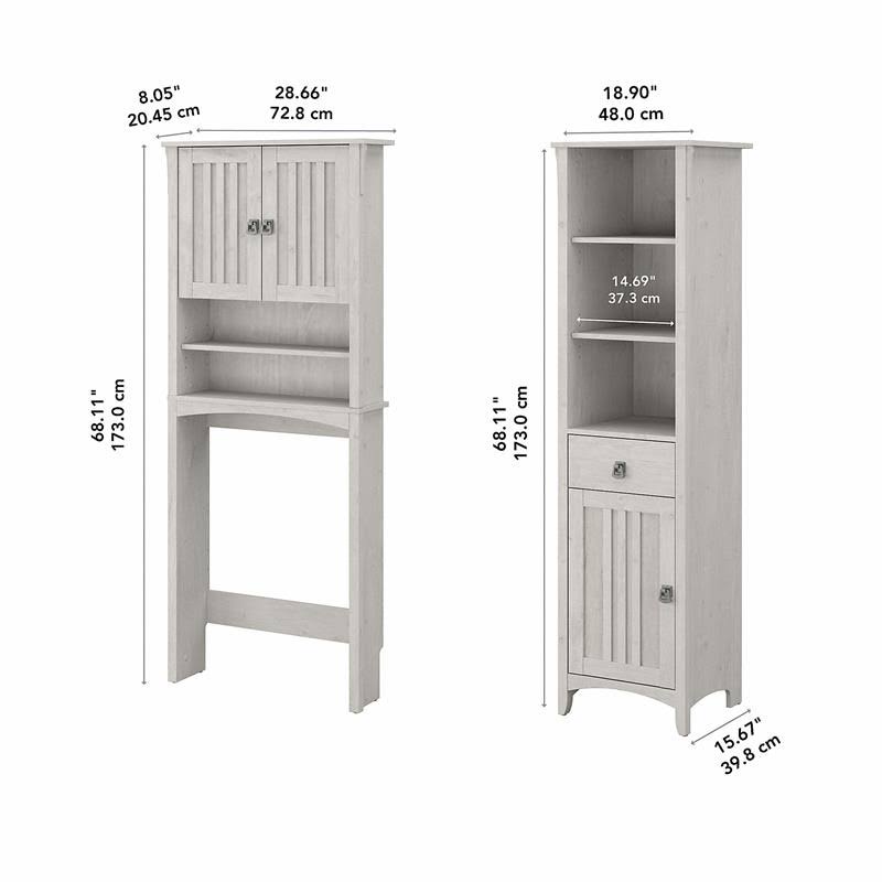 Linen White Oak Tall Cabinet and Over The Toilet Storage Cabinet H534