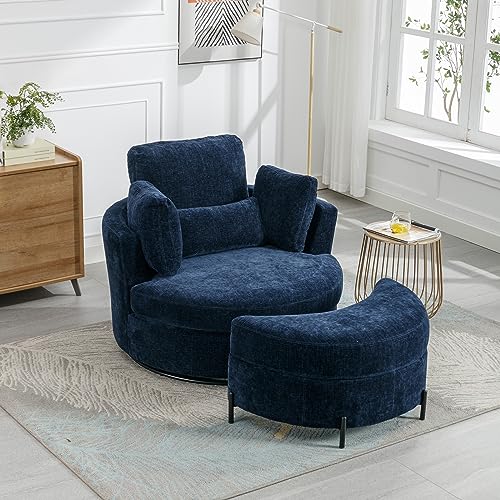 Oversized Swivel Accent Barrel Chair with Storage Ottoman and 4 Pillow, Terracotta Chenille H591