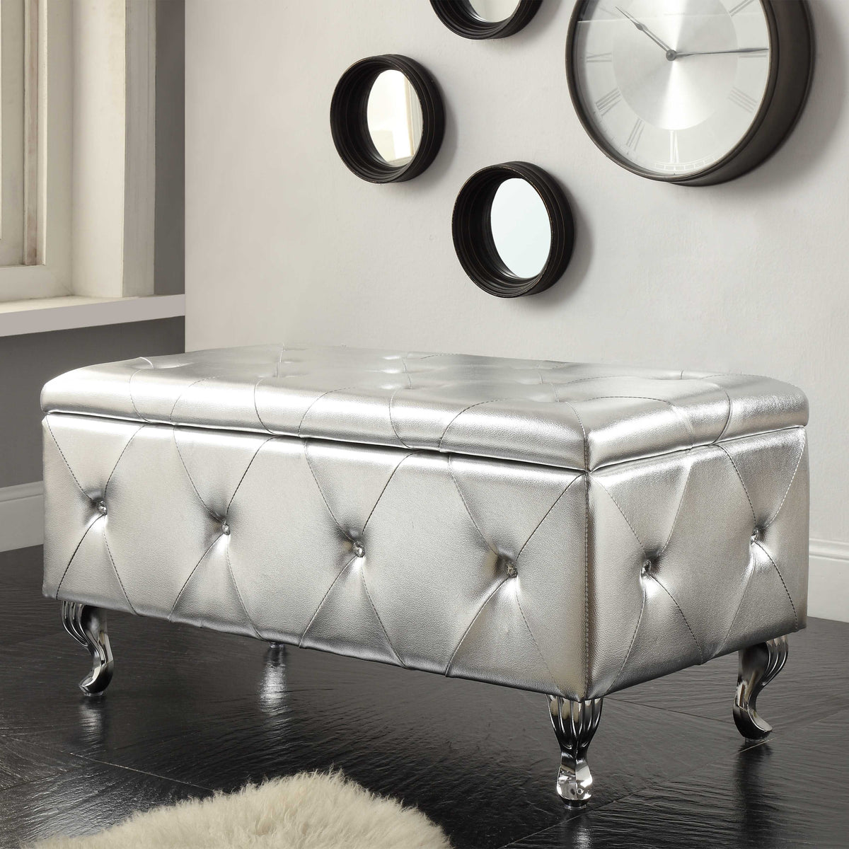 Silver Tufted Hard Wood Storage Bench G531