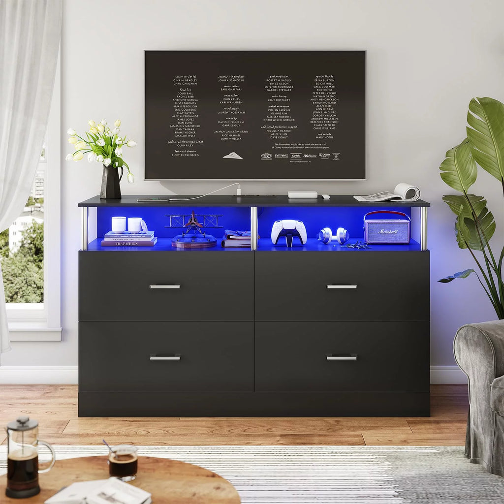 Black 4 Drawer Dresser with LED Lights & Charging Station B563