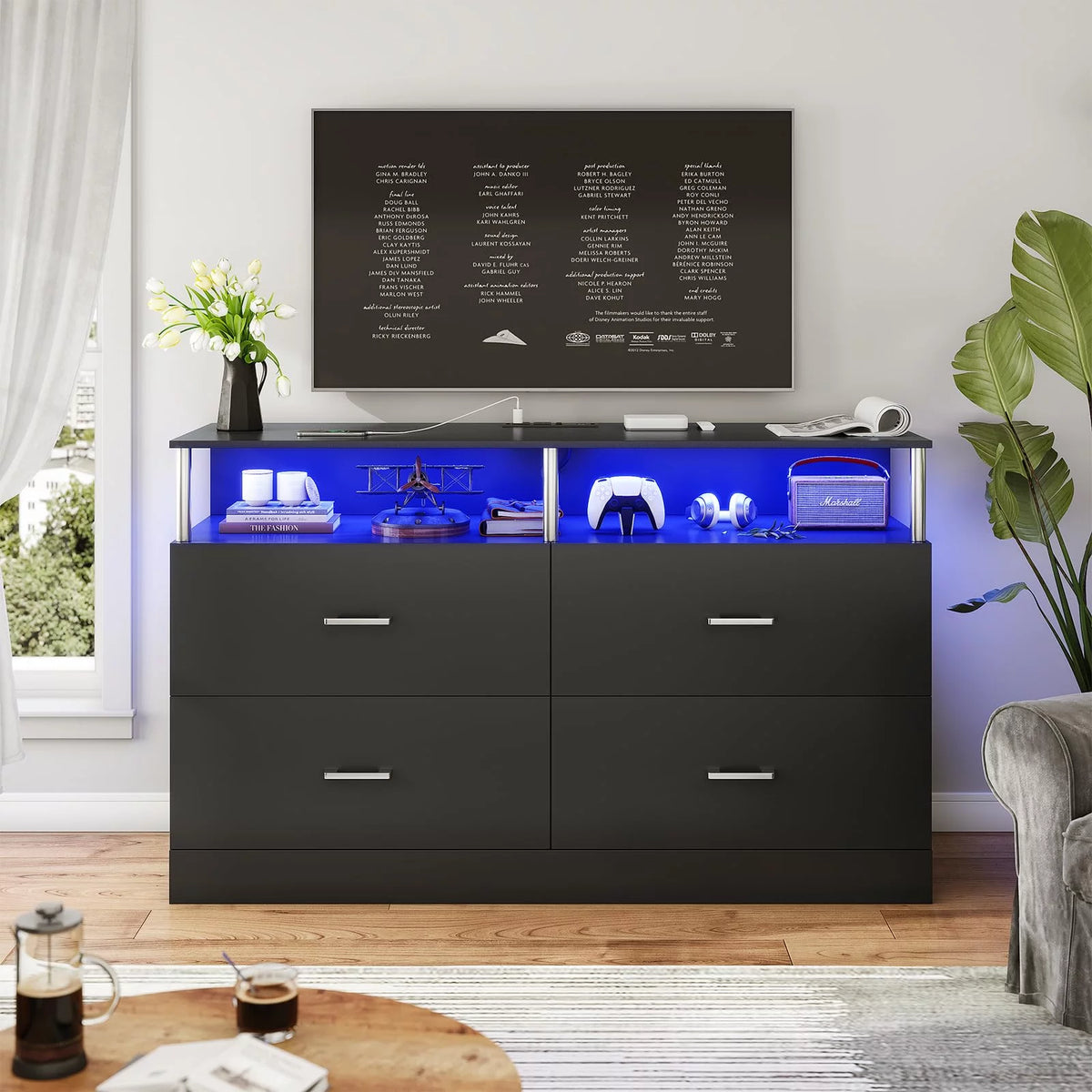 Black 4 Drawer Dresser with LED Lights & Charging Station B563