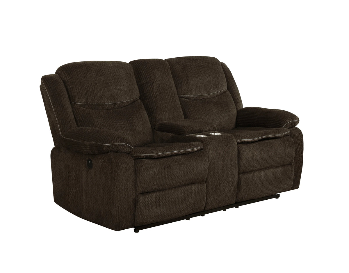 Brown Upholstered Power Loveseat with Console O9207