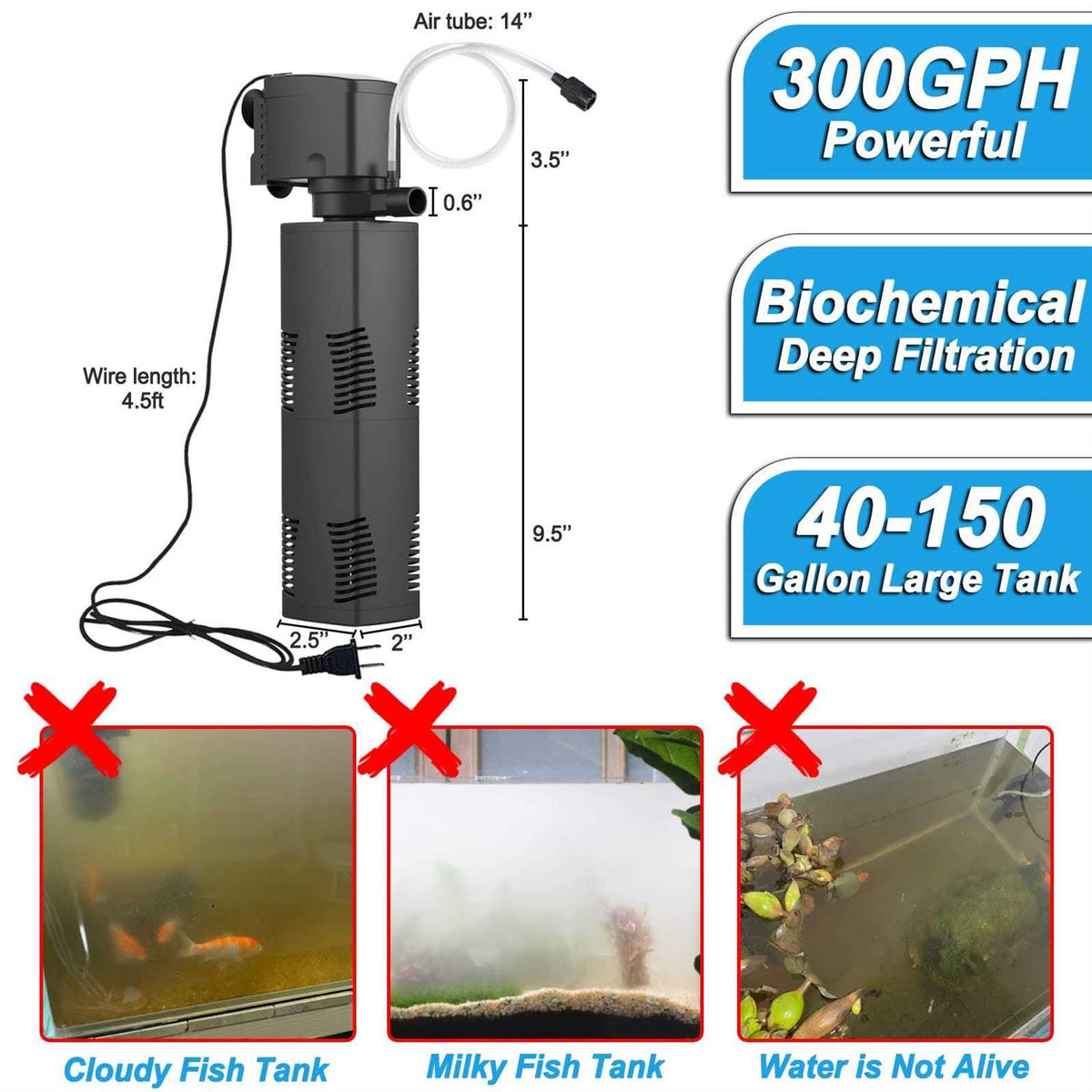 Aquarium Filter 300gph Submersible Internal Fish Tank Filter U509979