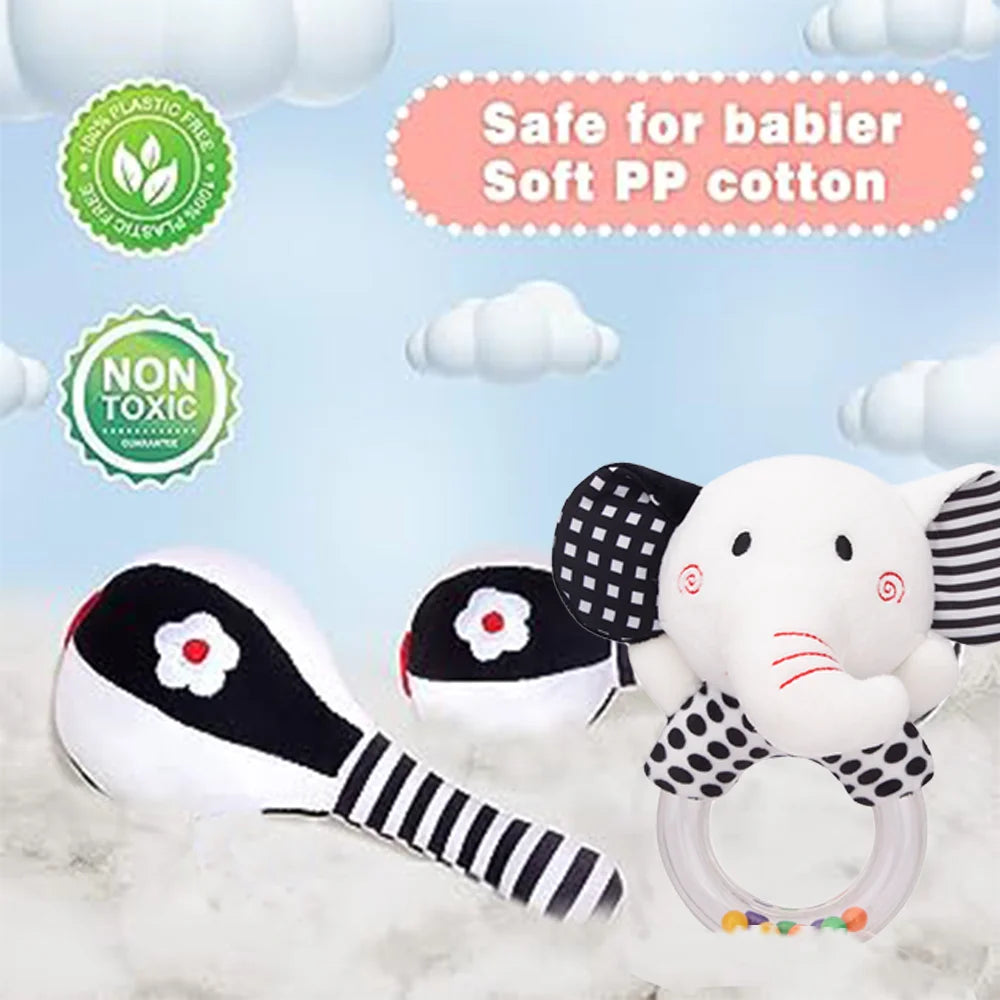 3Pcs Black & White Baby Rattles Set Plush Rattle Toy N961320