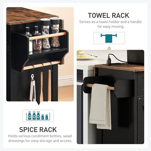 White and Walnut Kitchen Island with Drop Leaf, Charging Station, 3 Drawers and Storage C384