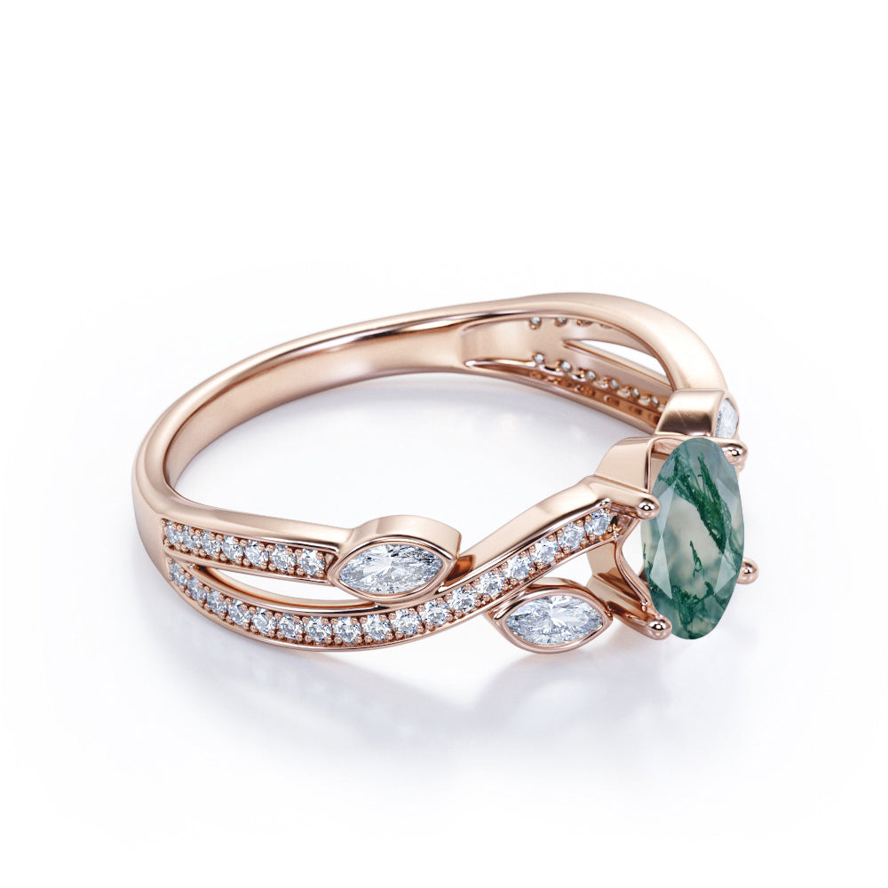 1.5 Carat Oval Moss Green Agate And Moissanite Engagement Ring In 18K Rose Gold Plating Over Silver T832571