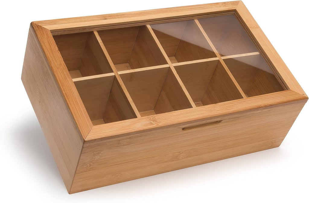 100% Bamboo Tea Box Storage Organizer, 8 Adjustable Compartments, Natural Wooden Finish I123