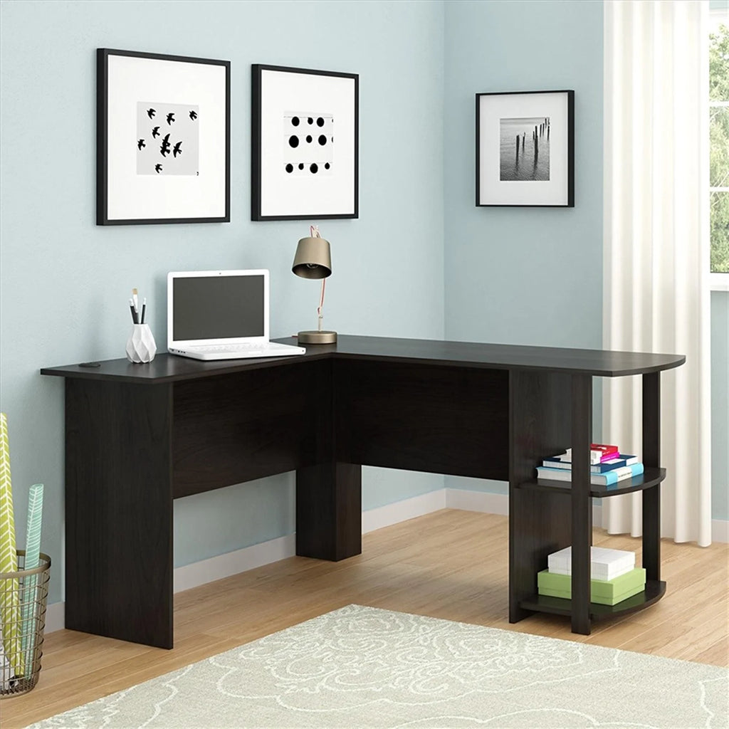 L-Shaped Wood Computer Desk with Bookshelves Dark Brown P429