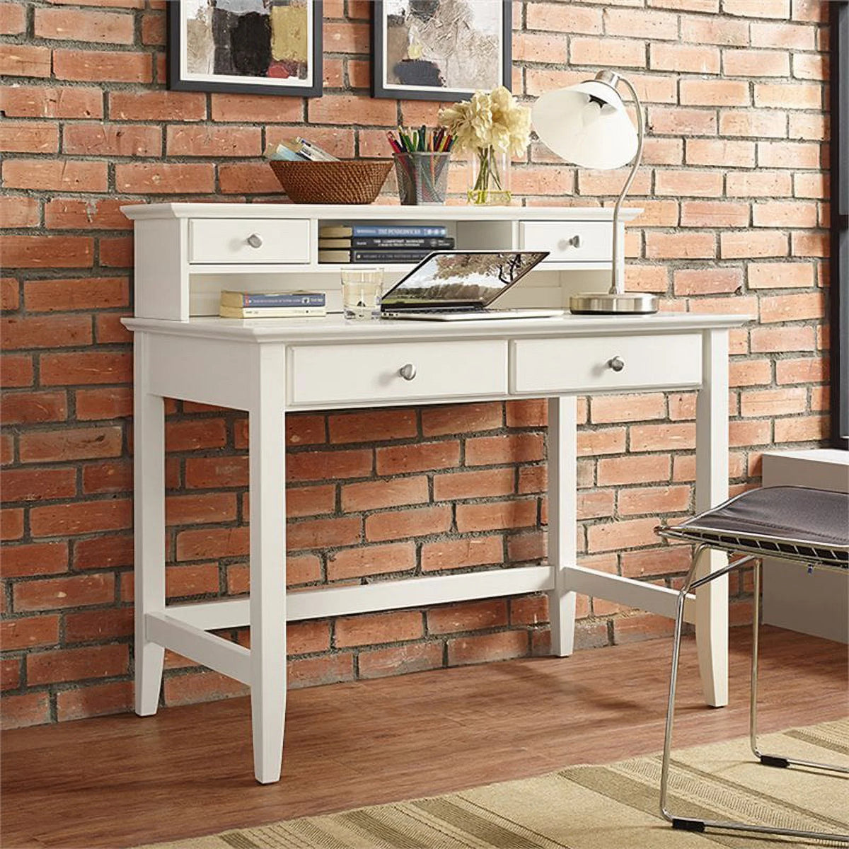 White Writing Desk with Hutch B11098